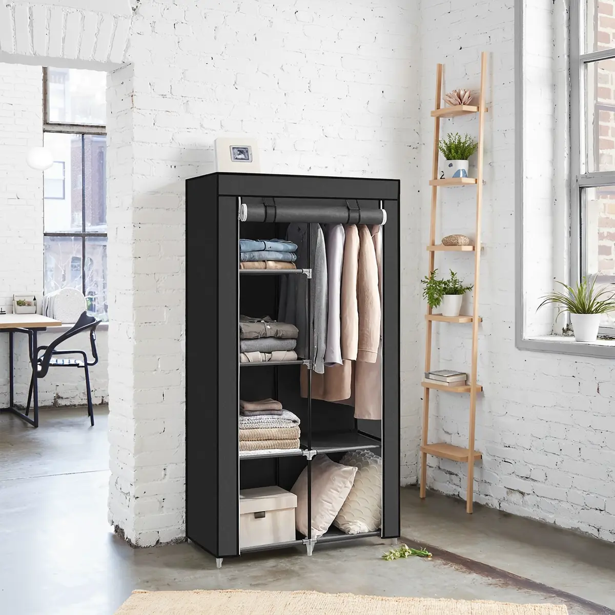 Portable Closet, Wardrobe Closet Organiser with Non-Woven Fabric Cover, Hanging Rods and Shelves