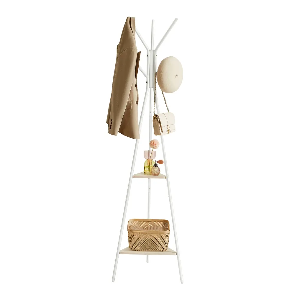 Industrial Hall Tree with 2 Shelves - Coat Rack & Bag Holder for Entryway, Rustic Beige & White Storage Stand