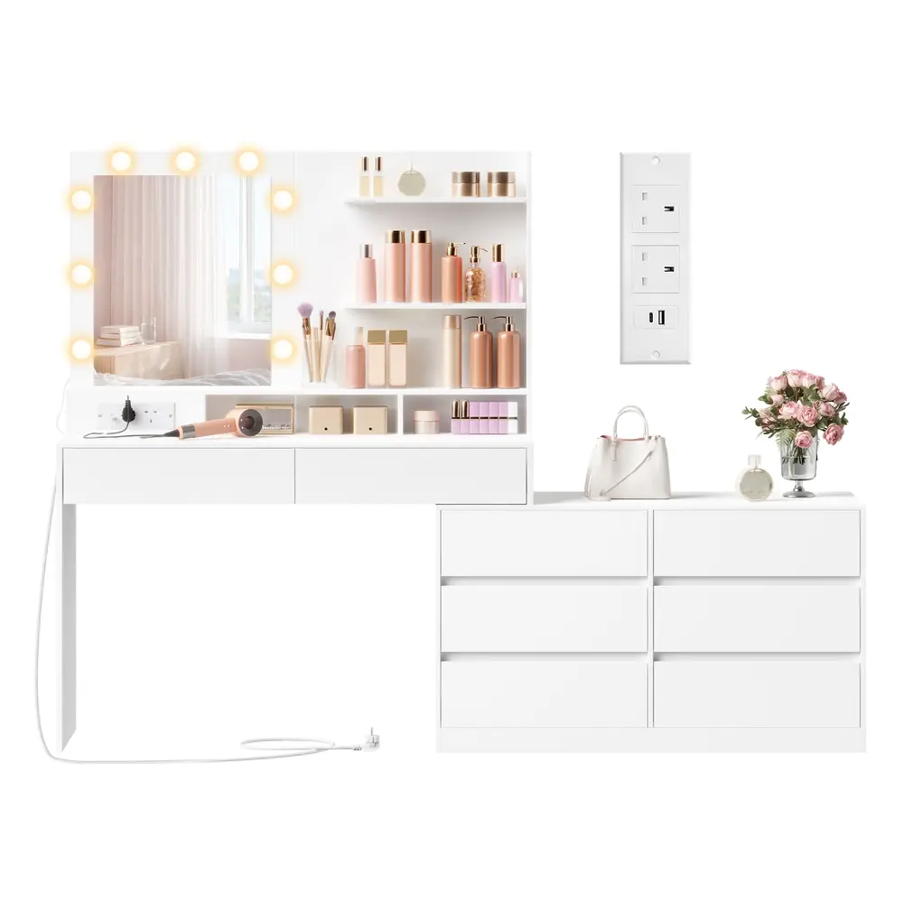 KAILYN Collection - Dressing Table with LED Lighted Mirror and Power Outlets Cloud White