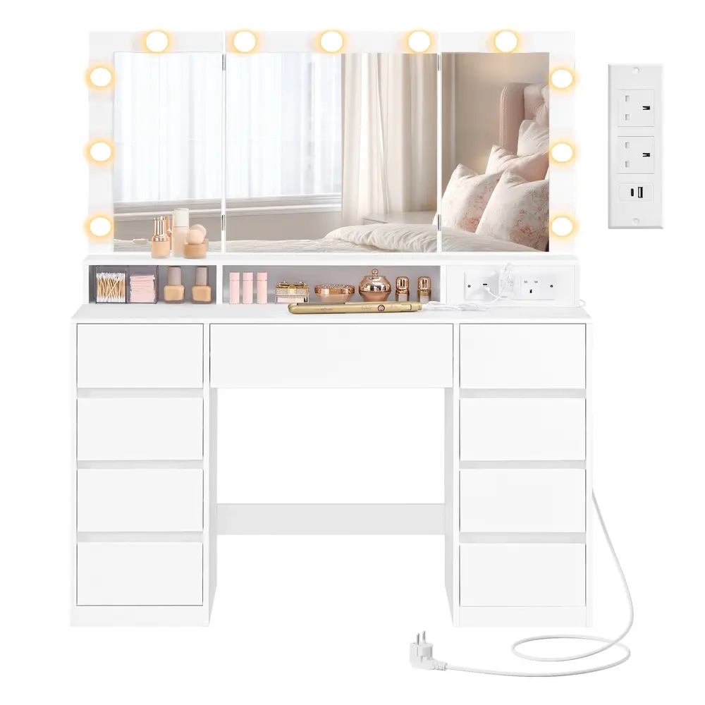 KAILYN Collection - Dressing Table with Tri-Fold Mirror and 9 Draweres Cloud White