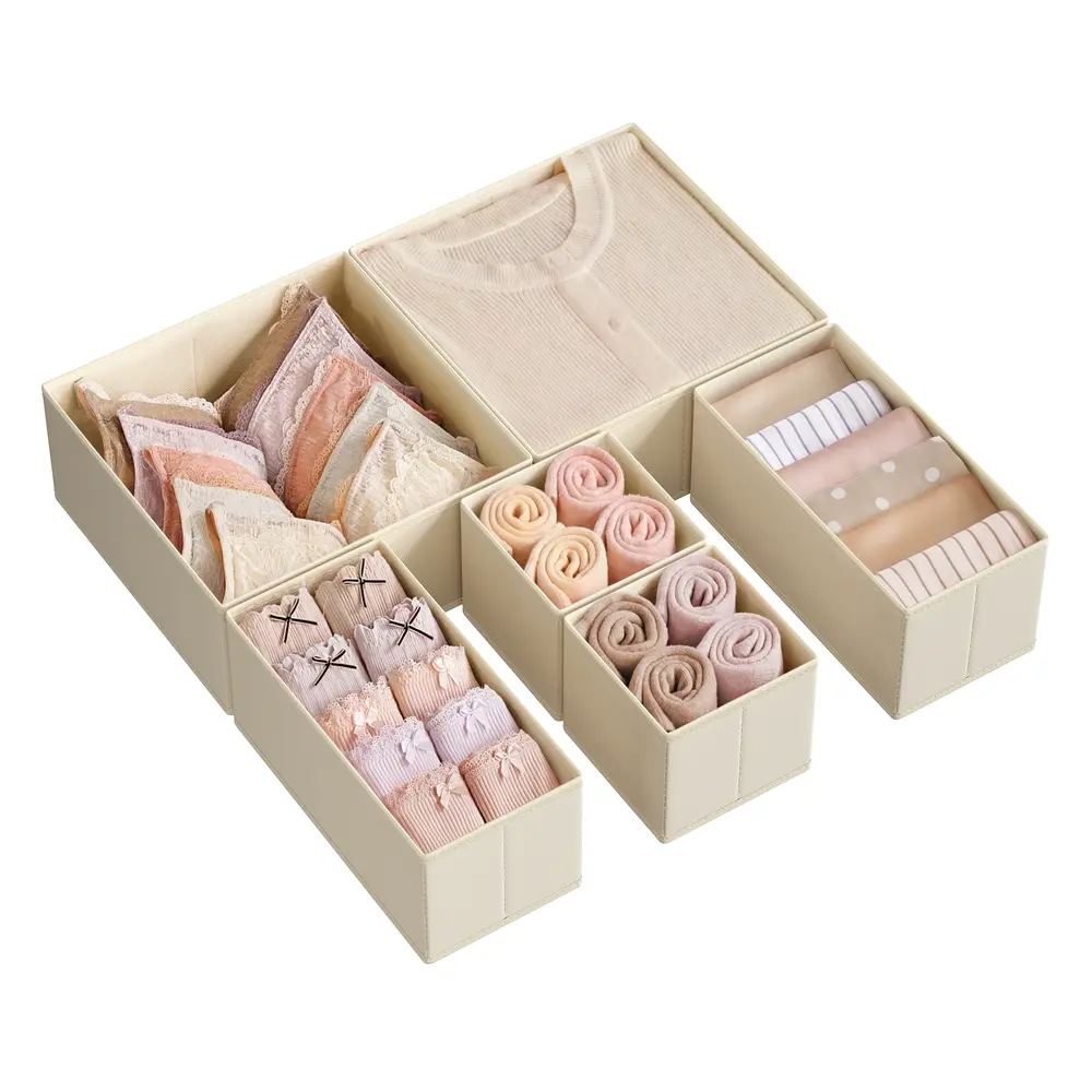 Set of 6 Foldable Fabric Drawer Organisers Sand Beige