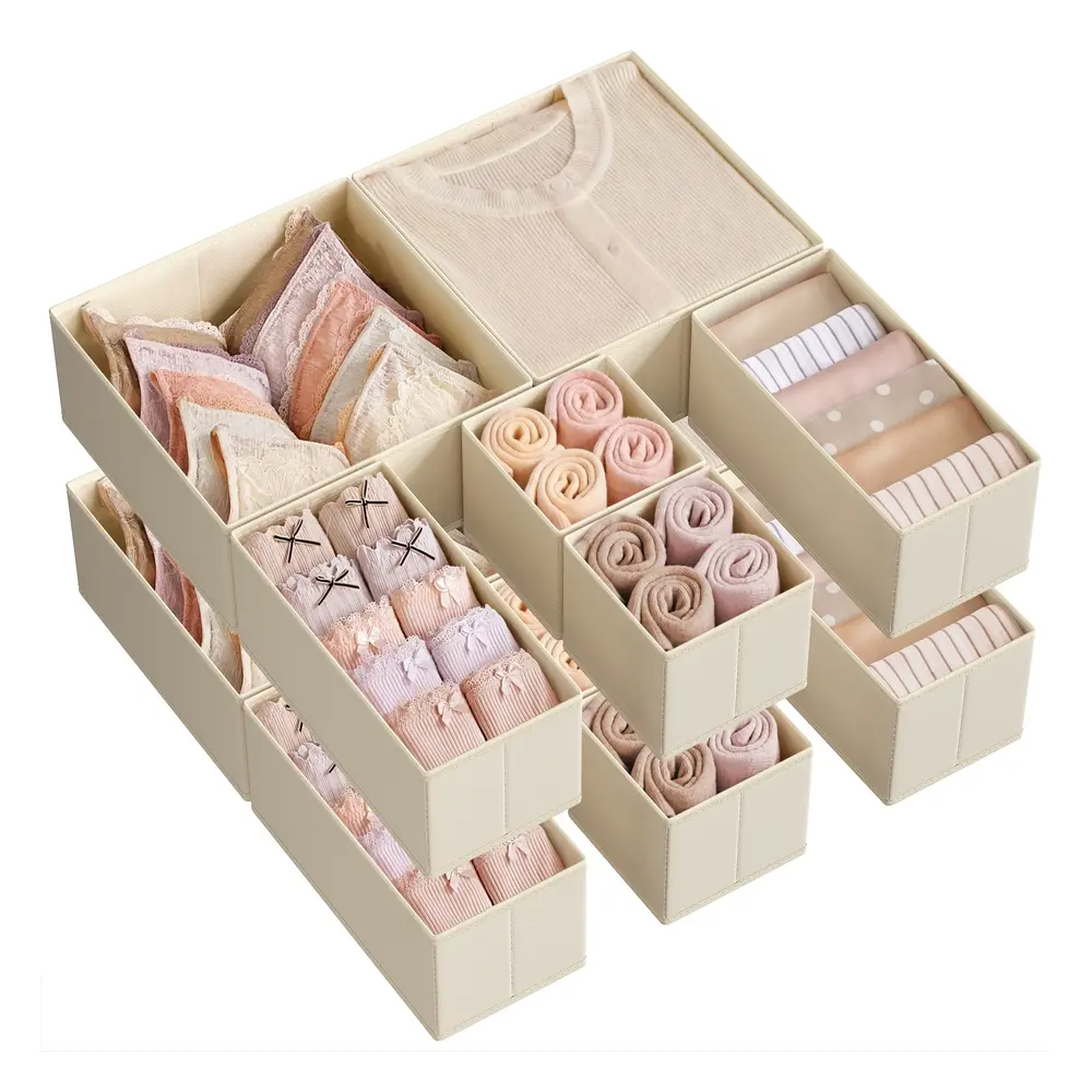 Set of 12 Foldable Fabric Drawer Organisers Sand Beige