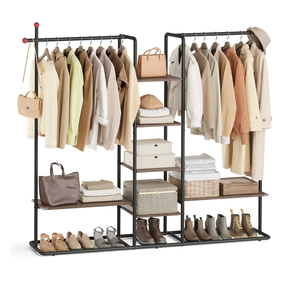 Clothes Rail 6 Storage Shelves 2 Hanging Rails Natural Walnut and Ink Black