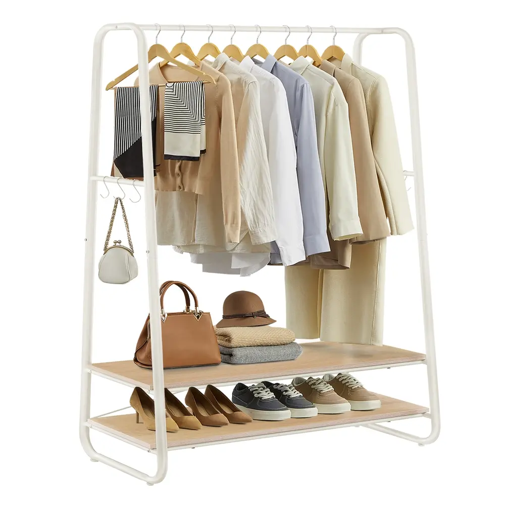 Clothes Rail with 2 Shelves Oak Beige and Cream White