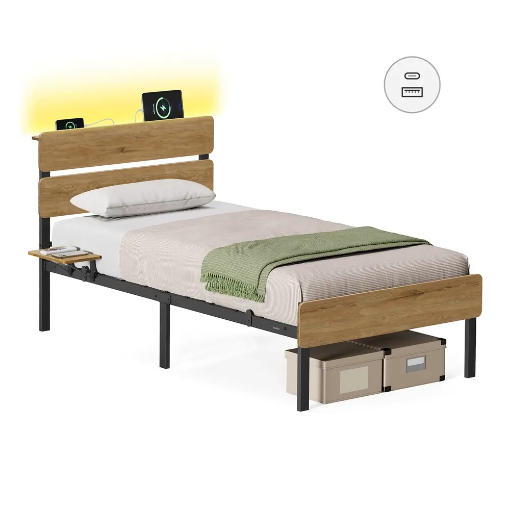 Metal bed frame with LED lights USB ports and under bed storage