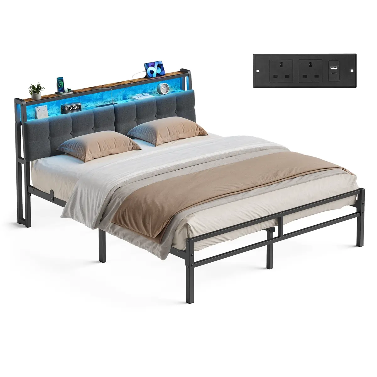 Metal Bed Frame with RGB LED and Charging Station