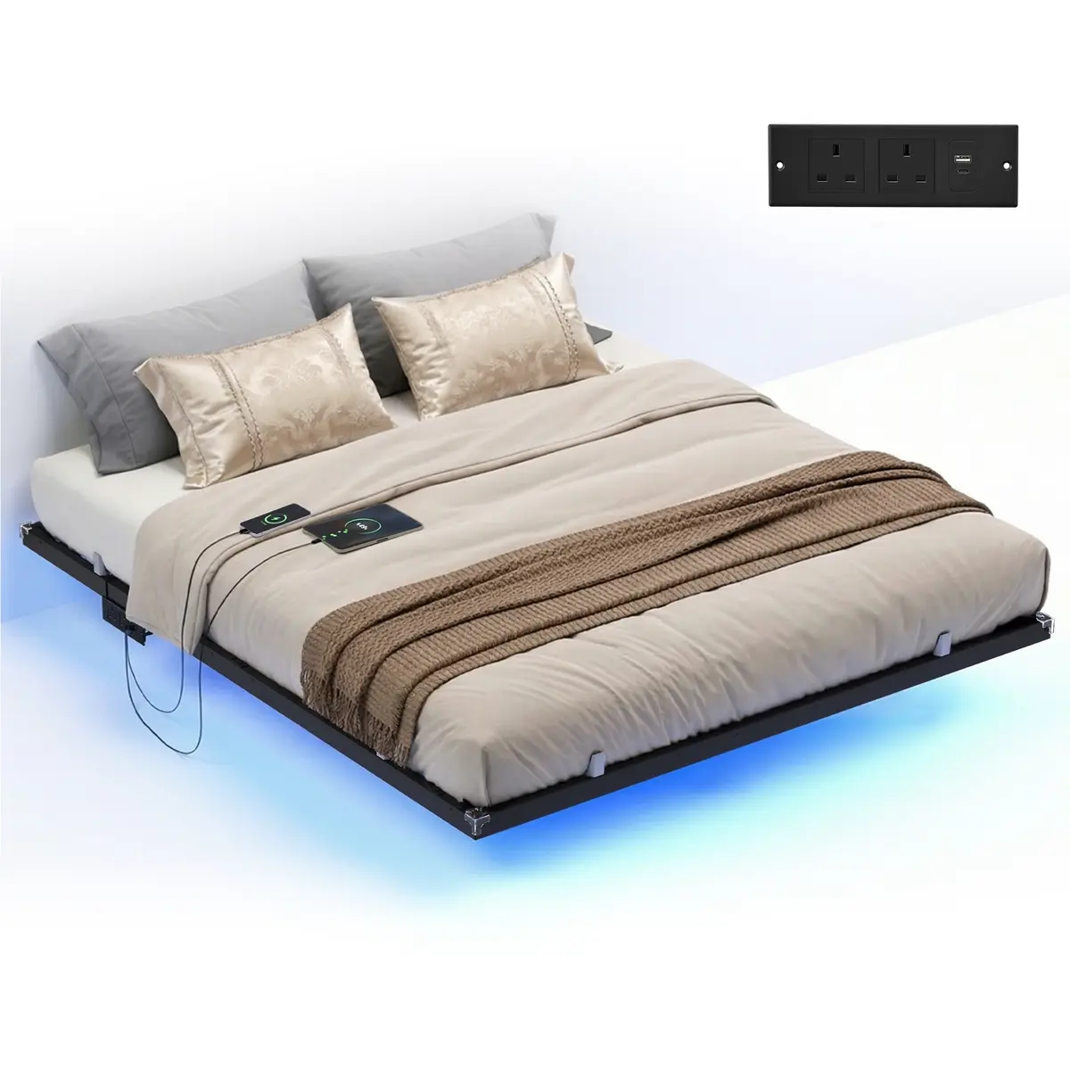 King Floating Bed Frame 150 x 200 cm, Platform Bed with LED Lights and Charging Station, Padded Sides