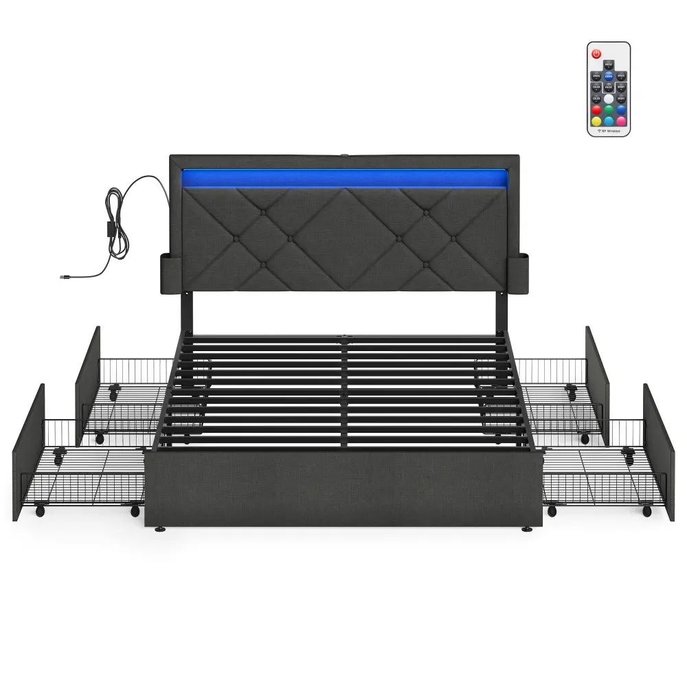 King Bed Frame with LED Lights and Underbed Storage Drawers Slate Grey