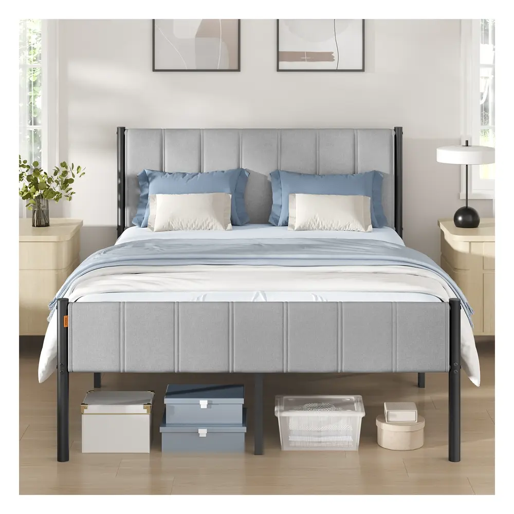 Double Metal bed frame with upholstered headboard and easy assembly Dove Grey