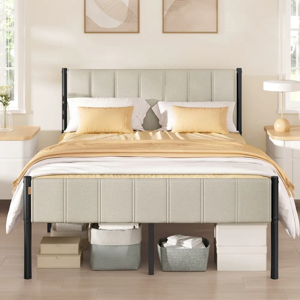 Metal Double Bed Frame, with Upholstered Headboard, 135 x 190 cm