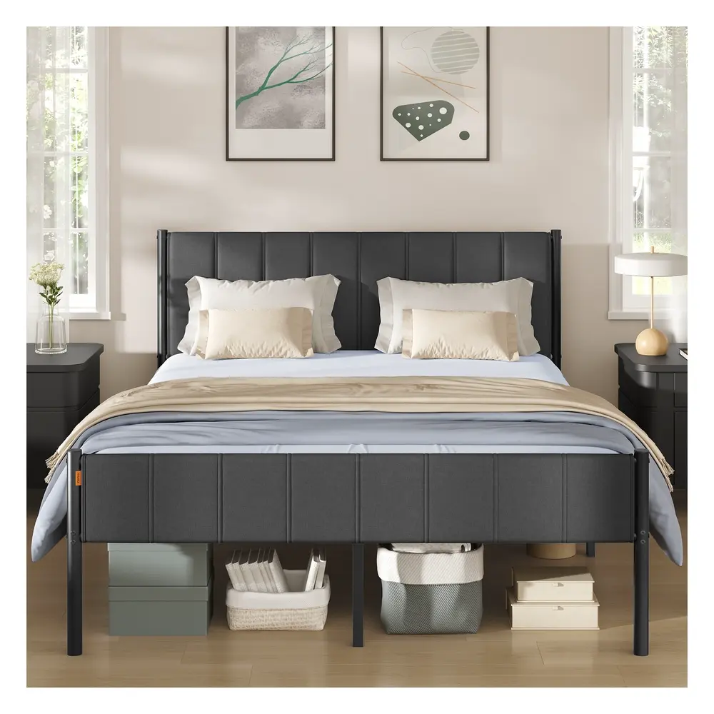 King Metal bed frame with upholstered headboard and easy assembly Slate Grey