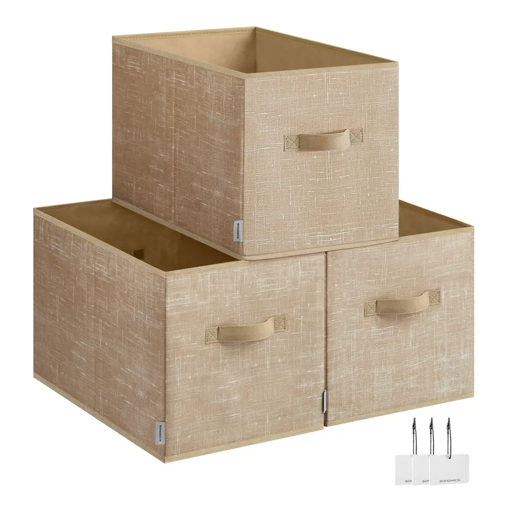 30 cm High Collapsible Storage Boxes Set of 3 Sand Beige