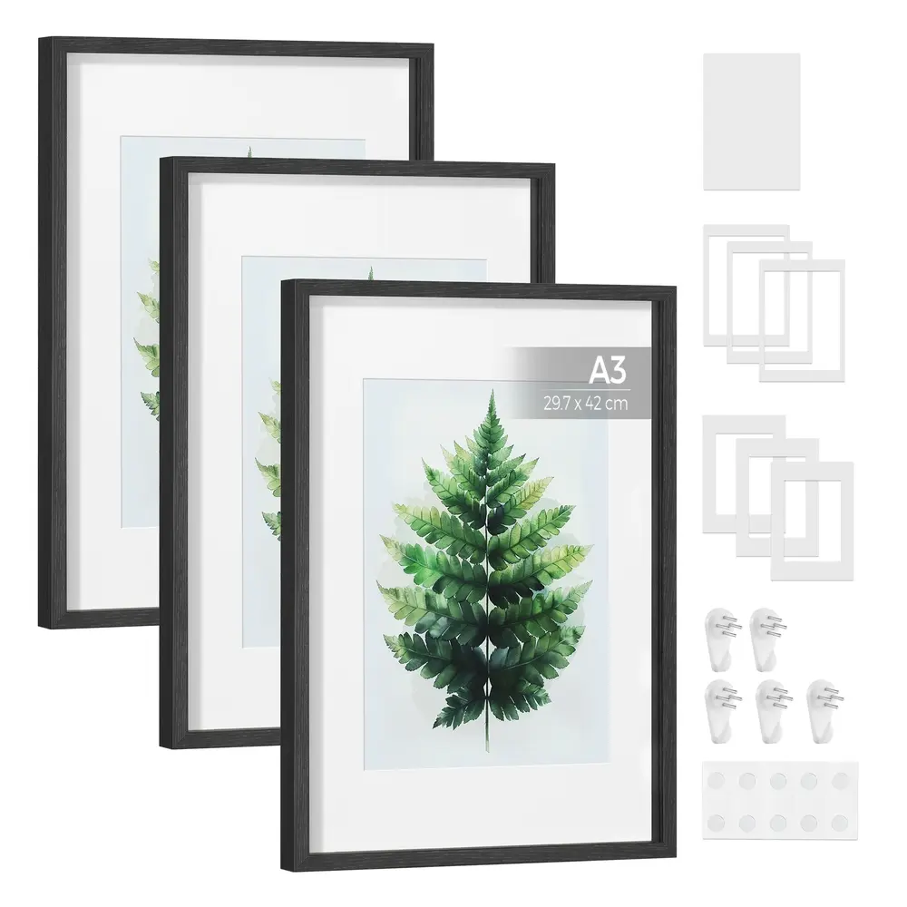 Set of 3 Photo Frames with Mats Ash Black