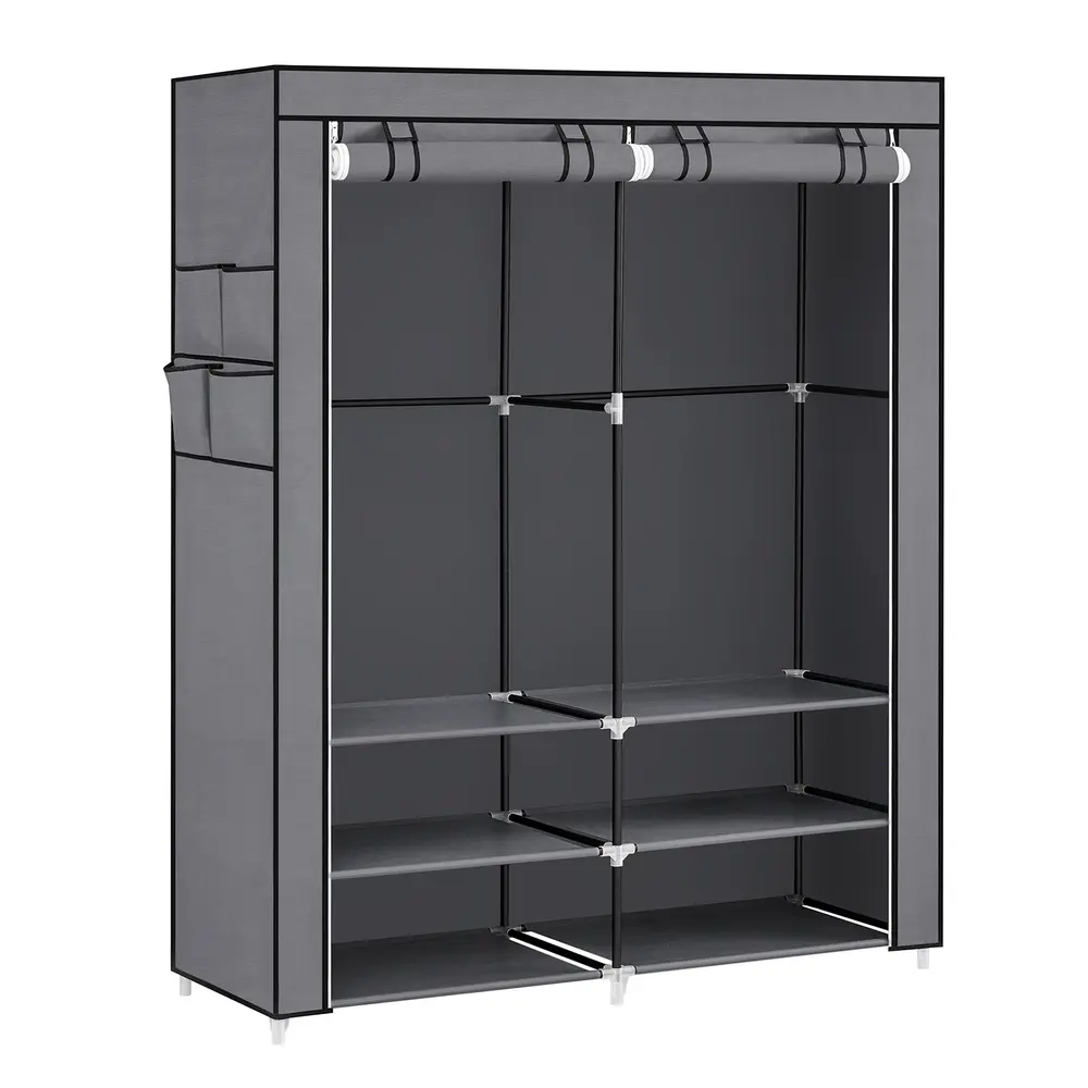 Clothes Wardrobe, Portable Closet, 45 x 127 x 176 cm, 2 Hanging Rails, Shelves, and 4 Side Pockets, Large Capacity for Bedroom, Living Room, Grey RYG008G02