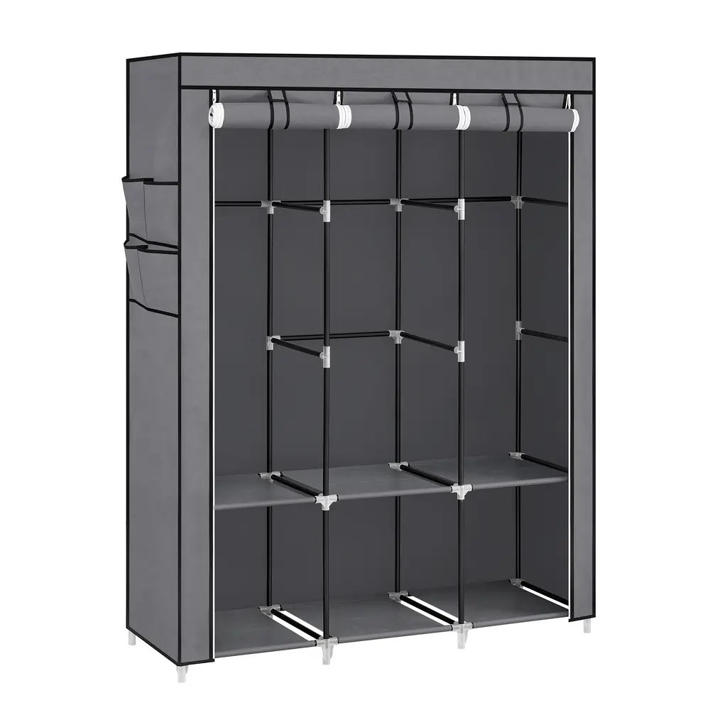 Clothes Wardrobe, Portable Closet with Cover, 45 x 130 x 167 cm, 3 Hanging Rails, Shelves, 4 Side Pockets, Large Capacity for Bedroom, Living Room, Grey RYG092G02