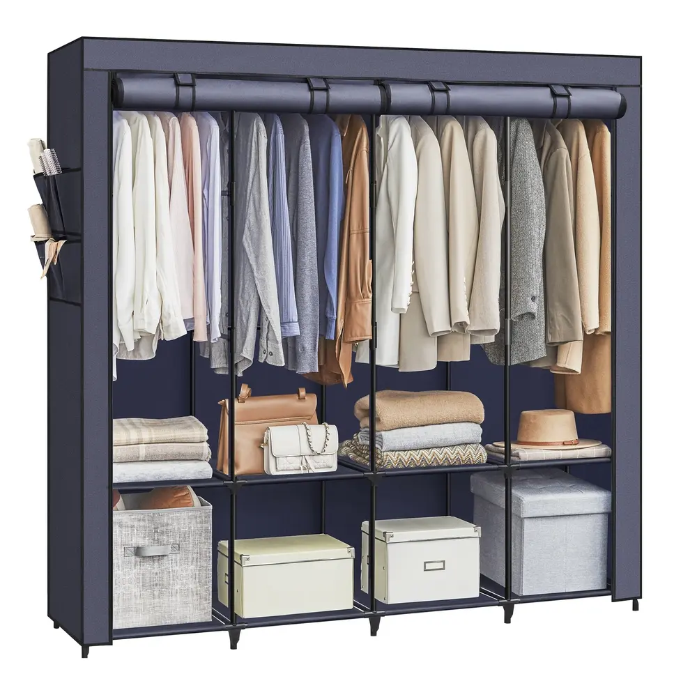 Portable Closet with 4 Hanging Rails & Shelves, Large Capacity Wardrobe Organizer with Side Pockets for Bedroom, Dark Blue